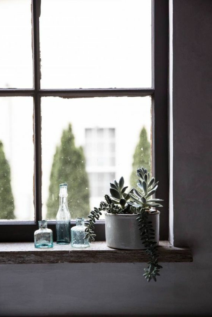 ρουστίκ ρουστίκ εσωτερικό παράθυρο με διακοσμητική γλάστρα και μπουκάλια