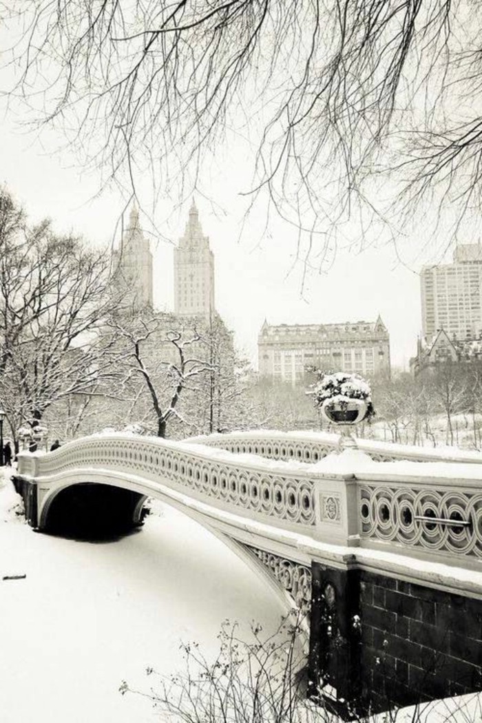 красиви зимни снимки Bridge-с-красива архитектура Bow Bridge Сентръл парк в Ню Йорк