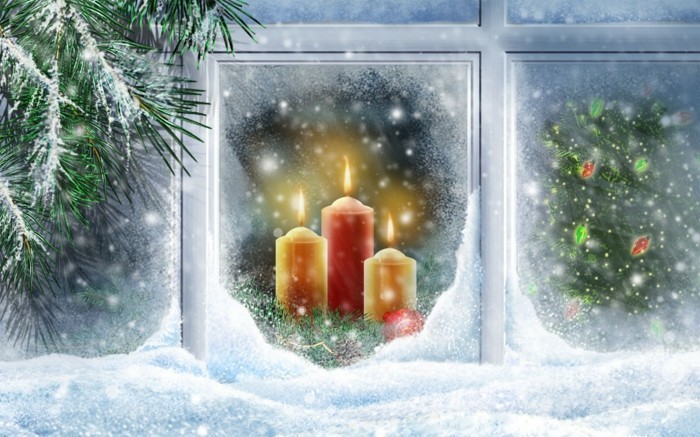 جميل نافذة الزينة مقابل ثلاثة عيد الميلاد مثيرة للاهتمام، صورة الشموع