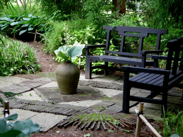 حديقة جميلة الأثاث الجميلة، حديقة تصميم حديقة الأفكار الخشب مقاعد البدلاء الأسود وحديقة