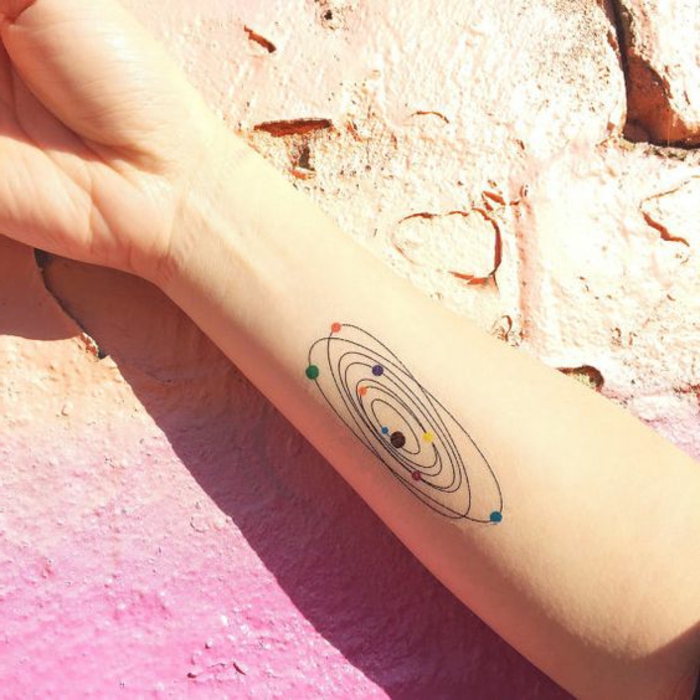 татуировка мотиви жена космоса планети слънчева система с различен цвят обозначават татуировка на рамото