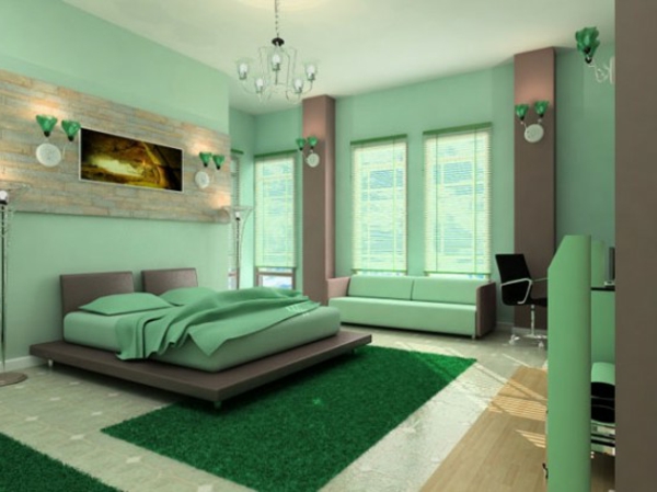 kaunis-seinänvärinen-turkoosi-in-the-makuuhuone, jossa iso aksentti