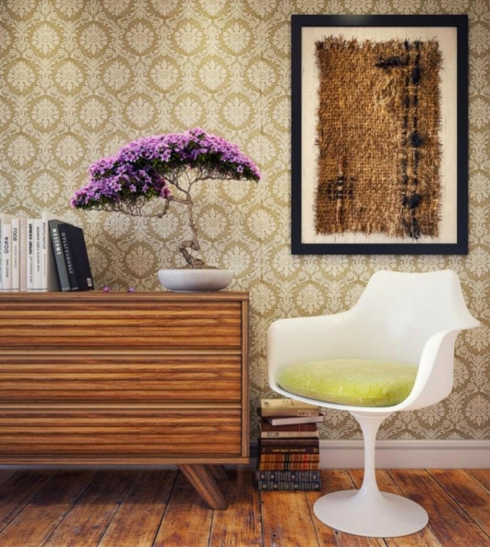 красив интериор-ретро и модерни мебели интересна стена декорация ретро тапет