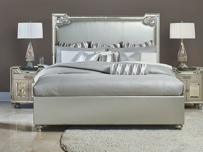 шик-дизайн-с легла макетни сребърни елементи от спалня-мека легло