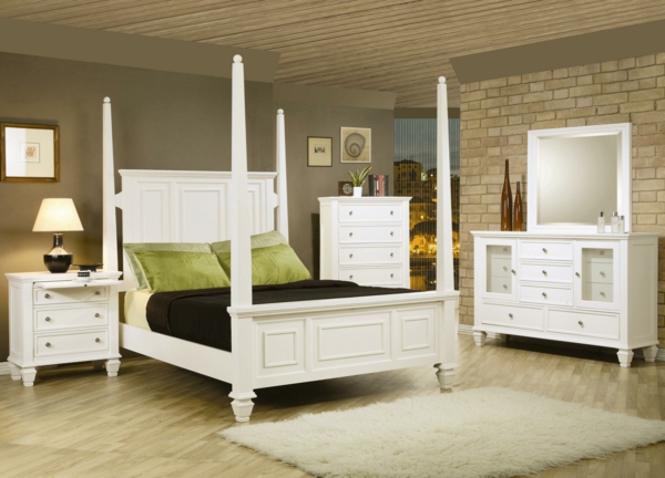 חדר שינה - ריהוט מודרני - מיטה - עיצוב - עם ארבעה עמודים - לבנים - קיר
