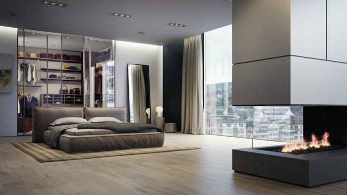 बेडरूम-रंग-अनोखा-भूरे टिंट-आधुनिक चिमनी