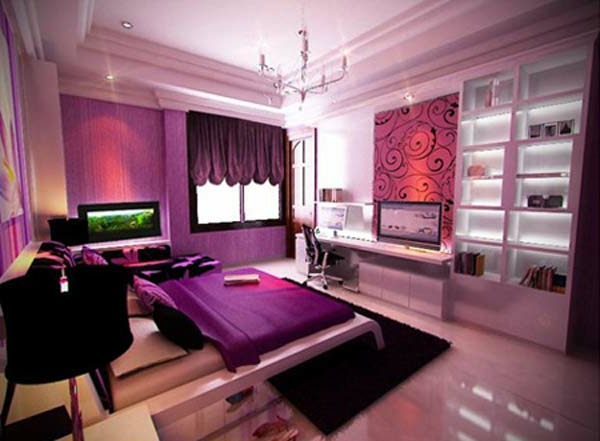 makuuhuone design ideoita violetti väri mielenkiintoinen kattokruunu