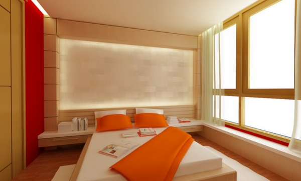 غرفة نوم على الطراز الآسيوي ، ألوان برتقالية ، حوائط دافئة