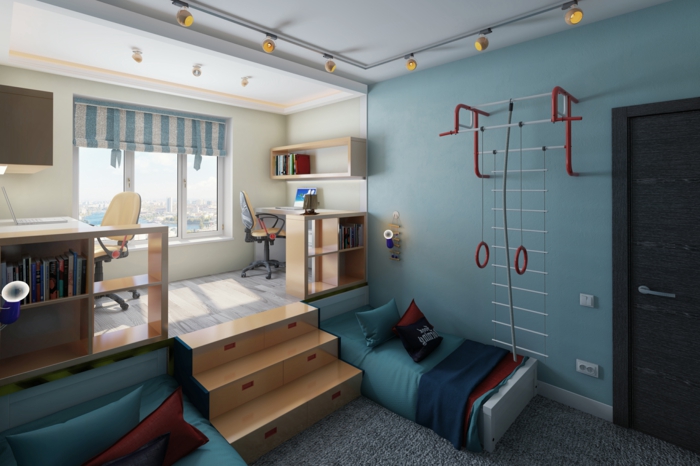 חדר שינה, ילד, רעיונות, שתי קומות, חדר, לטפס, ספורט, לנהוג, לשחק, ללמוד, חדר