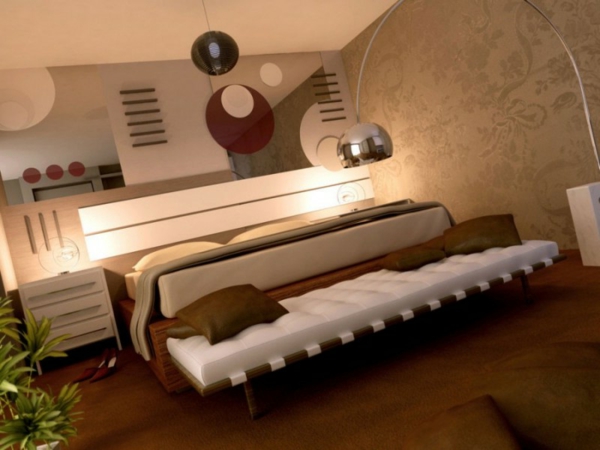 спалня с екстравагантен дизайн и модерно осветление