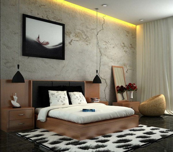 غرفة نوم مع تصميم الإضاءة مثيرة للاهتمام - اللون الأصفر