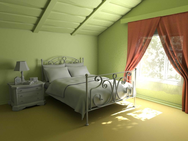 makuuhuone-jossa-katto kalteva vihreä seinän muotoilu