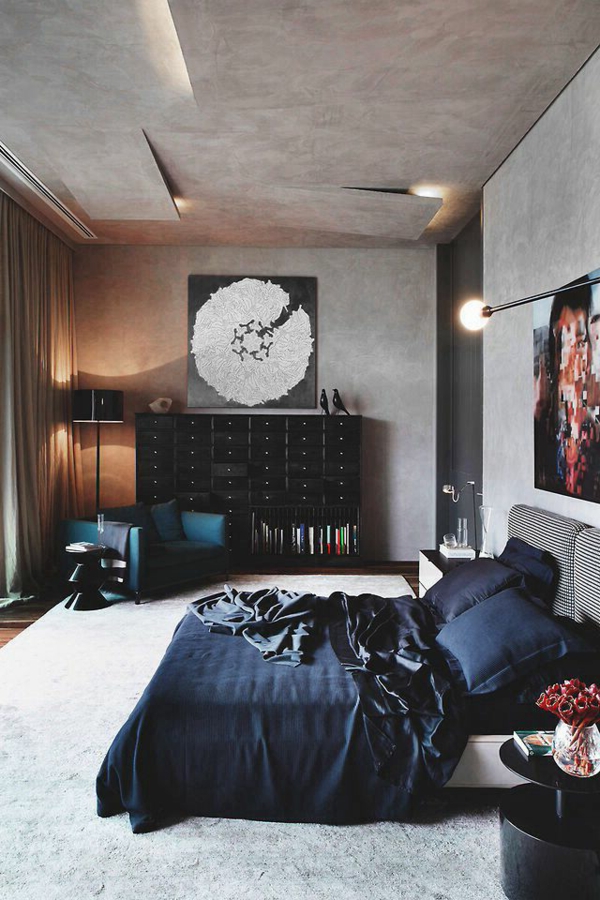 υπνοδωμάτιο, μοντέρνο σχεδιασμό-chic-μαύρο-κρεβάτι