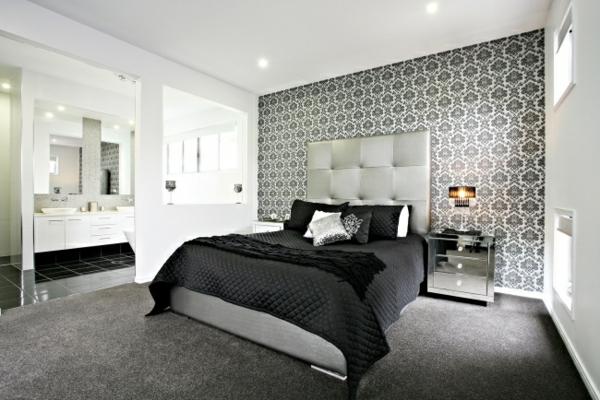 dormitorio-negro-blanco-acento de la pared-wallpaper-patrón-barroco