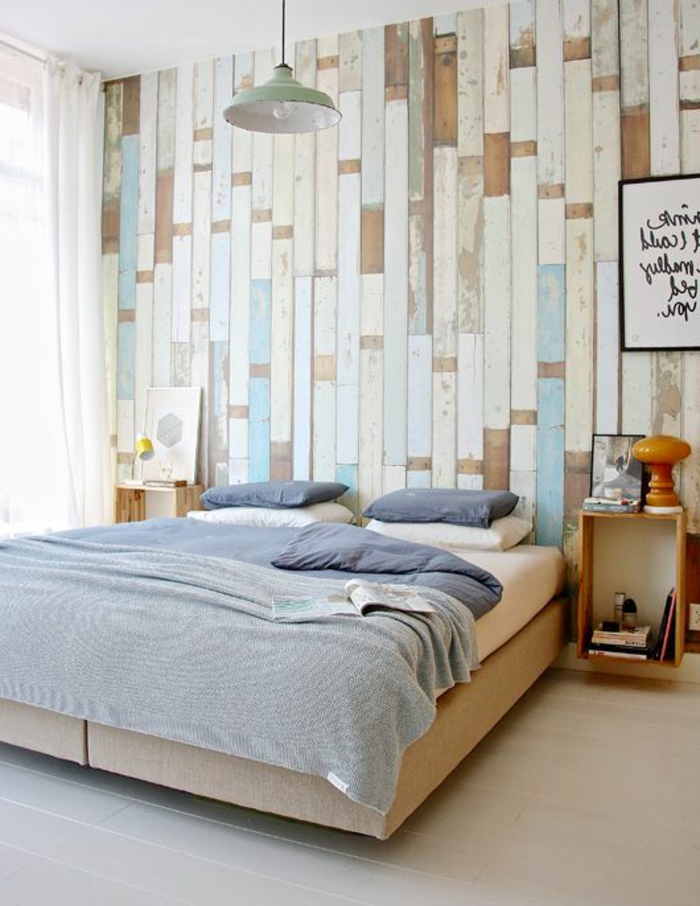 dormitorio-wallpaper-ideas-madera-papel-hermosa-óptica de la pared de la óptica de pared de madera
