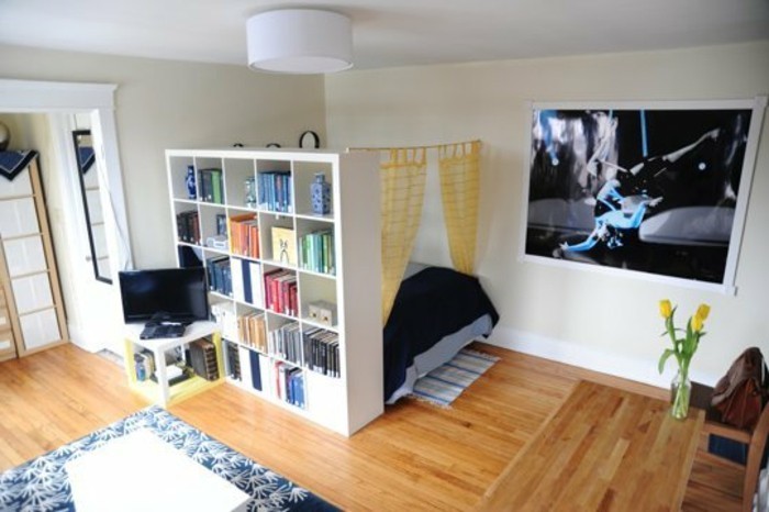 υπνοδωμάτιο, σαλόνι-δωμάτιο διαιρέτες-ράφι ράφι χώρο trenner-βιβλία στο ράφι του δωματίου διαιρέτες-ξύλινο δάπεδο μοτίβο χαλί υπνοδωμάτιο, διπλό κρεβάτι Tv