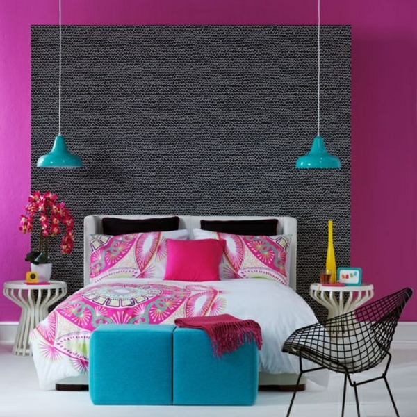 спални-дизайнерски идеи-супер красиви цветове-два сини лампи висят от тавана