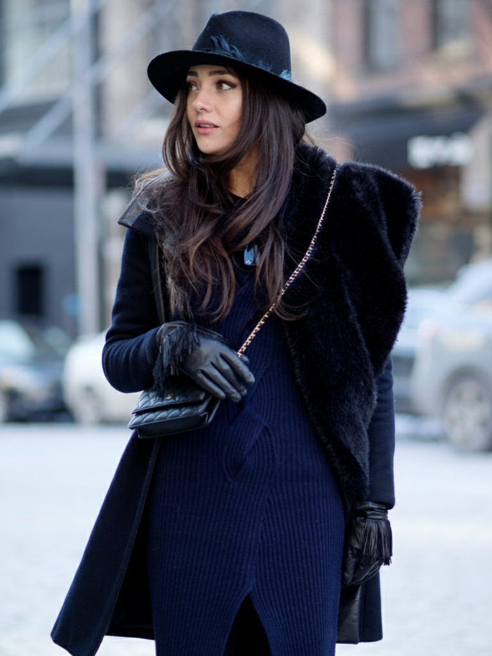 musta ja sininen yhdistelmä hattu-pieni Chanel laukku-Wintermanterl Naisten turkis kaulus