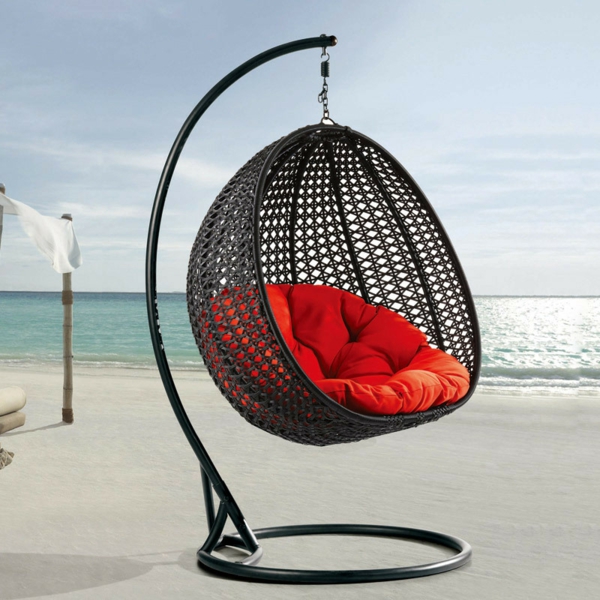 черно, червено и ратан кошница виси стол-на-плажа