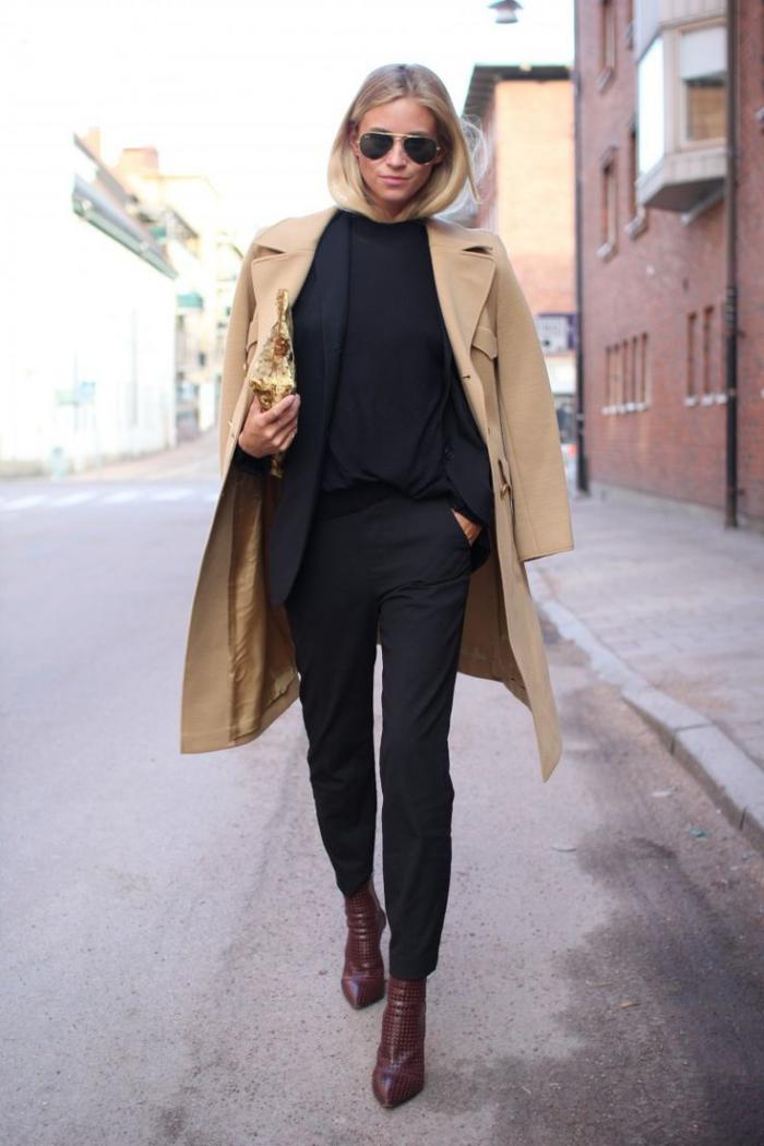 черно-елегантни дрехи, зимни обувки палто цвят карамел бордо