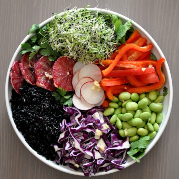 arroz negro saludable plato colorido hermosa forma diferentes colores combinación vegetales fruta arroz