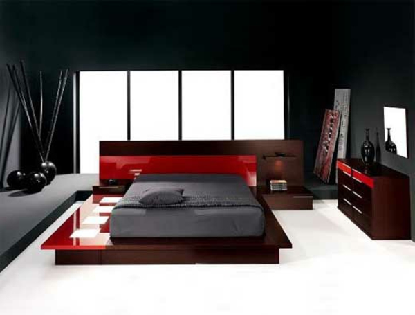الأسود لون الجدار مقابل غرف نوم مع عناصر-الحمراء