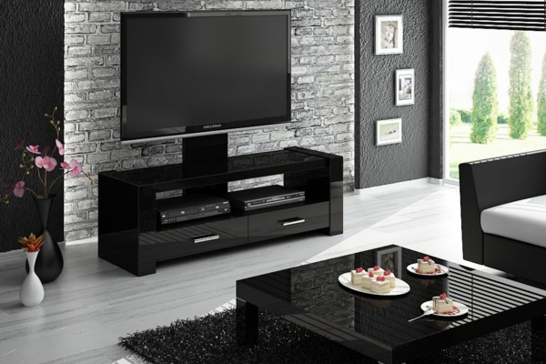Fekete TV szekrény fa hatású teljes tervezési lakberendezési ötletek-by-the-nappali
