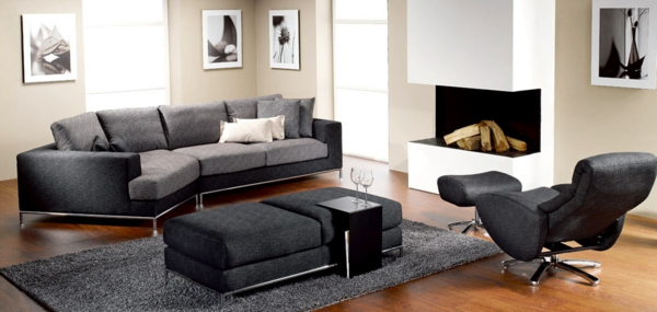 много красиви мебели за всекидневната, например мебели в сив цвят и камина