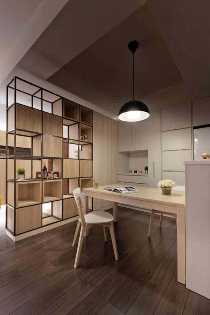 -La habitación separada-estante-espacio trenner-comedor-partición-shelf-divisores-estantes de madera piso-comedor-indirecta luz