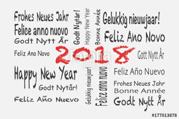 Feliz año nuevo en diecinueve idiomas diferentes: Feliz Año Nuevo 2018, Felice anno nuovo, Feliz año nuevo, Gelukkig nieuwjaahr, Feliz ano novo, Dios Nytt Ar, Feliz año nuevo, Feliz Año Nuevo