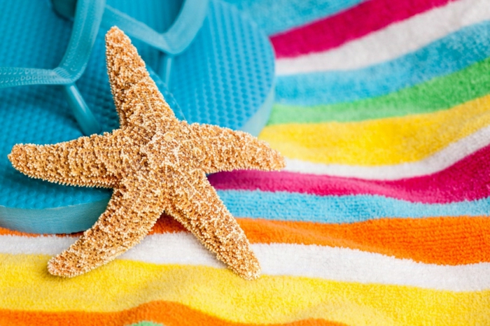 गर्मियों मूड तारामछली-समुद्र तट तौलिया रंग धारियों और नीले रंग फ्लिप फ्लॉप