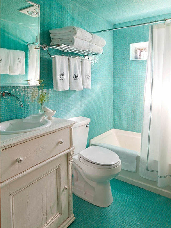 bin idée-salle de bain-turquoise-couleur - serviettes en blanc