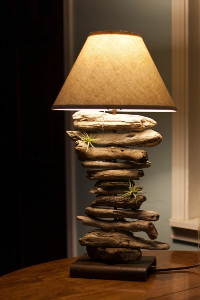 Stehlampe-off bois flottant abat-jour-vert-plante-table-lumière en bois