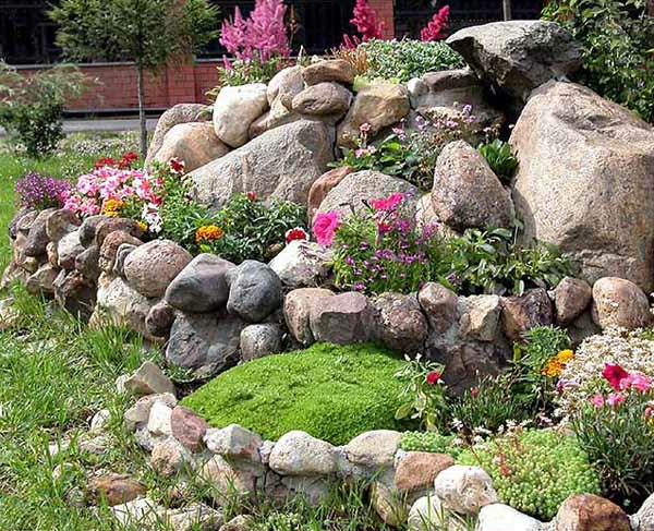 تصميم الحديقة مع الزهور الملونة والعديد من الحجارة