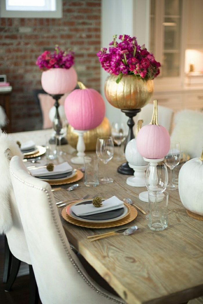 mesa elegante decoración de pintura de color rosa calabaza tonos-oro-madera-Stader