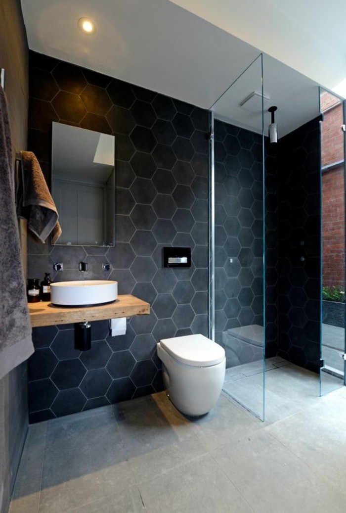 स्टाइलिश बाथरूम डिजाइन काले वर्ग दीवार टाइल