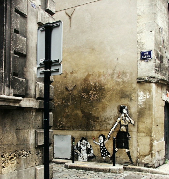 улично изкуство шаблон графити майка-дете-възрастен мъж просяк