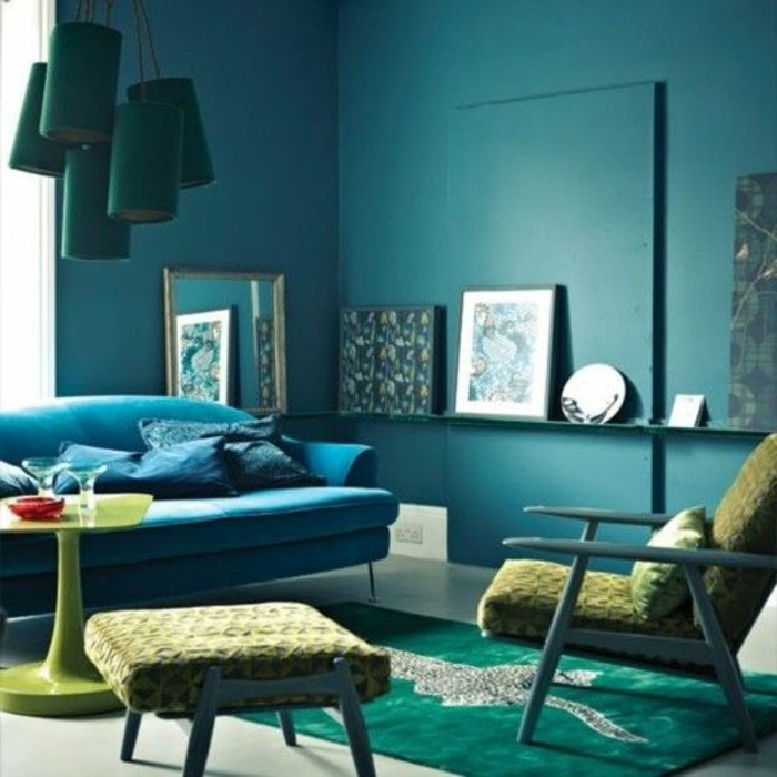 سوبر لطيف نموذج-غرفة معيشة الزرقاء أريكة والأخضر والبراز