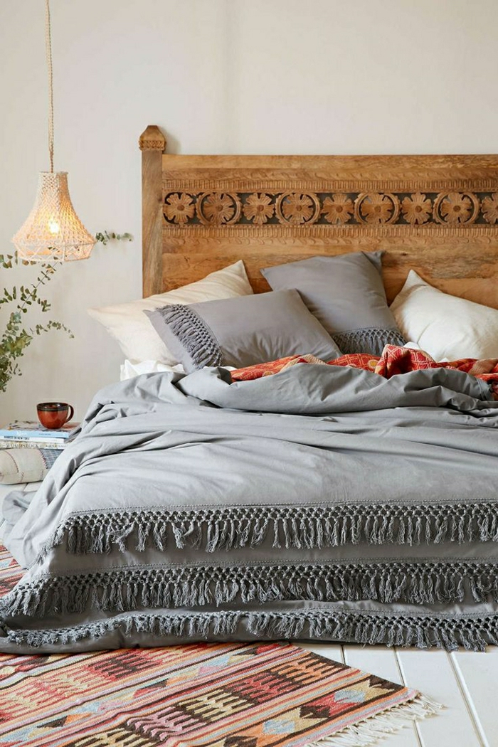 покривка за легло сив Елегантен дизайн Boho килим дървени легла орнаменти-интересно сплотена Light чаша кафе