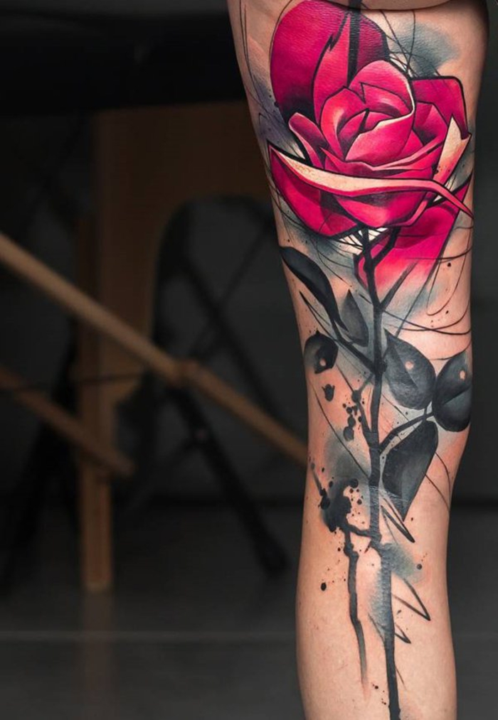татуировка на крака, червена роза, женски мотиви, татуировки за жени, идеи за татуировки