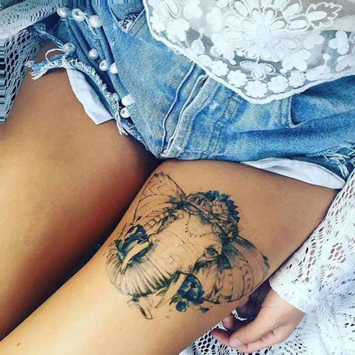 tetovaža na bedro, nogu tetovaže, slon, tetovaže za žene, žene