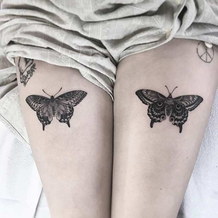 татуировка на бедрото, татуировка на краката, мотиви за татуировка за жени, пеперуди