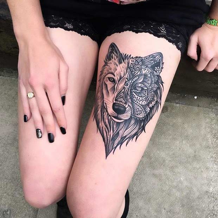 tetoválás a combon, farkas, láb tetoválás, tetoválás ötletek a nők