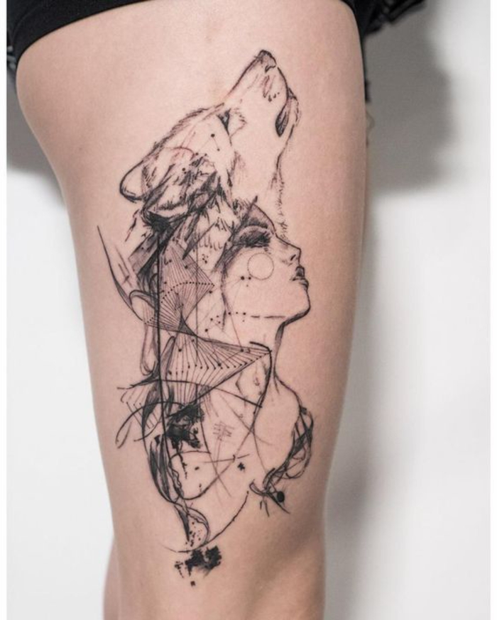 tetoválás a combon, farkas, nő, láb tetoválás, tetováló ötletek