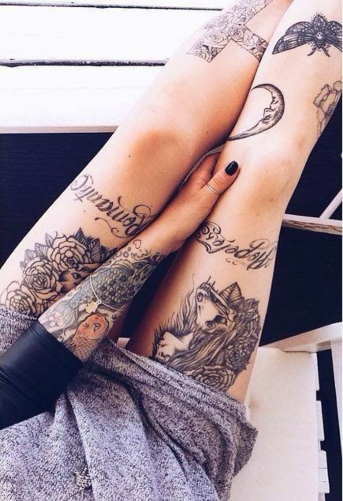 крака татуировки, луна, пеперуда, кръст, цветя, татуировки мотиви за жени