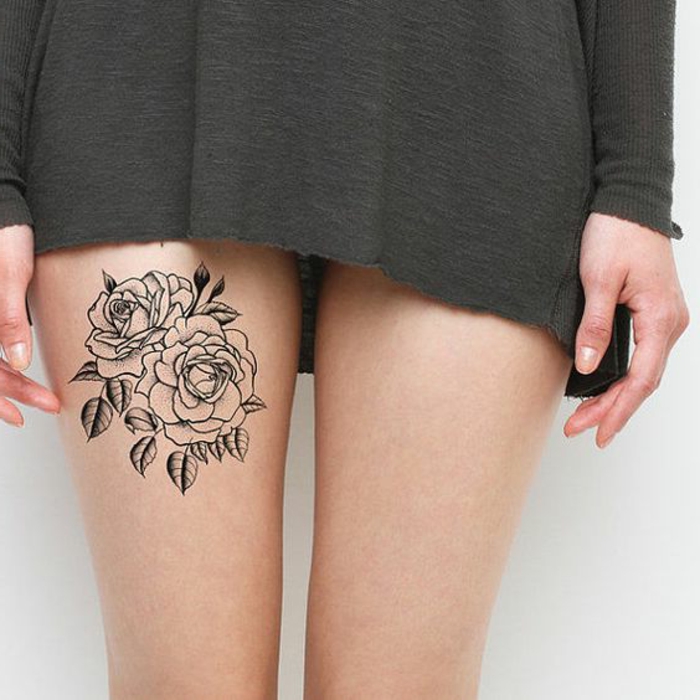 малко татуировки идеи татуировки на бедрата на жените рози с малки листа рокля зелени
