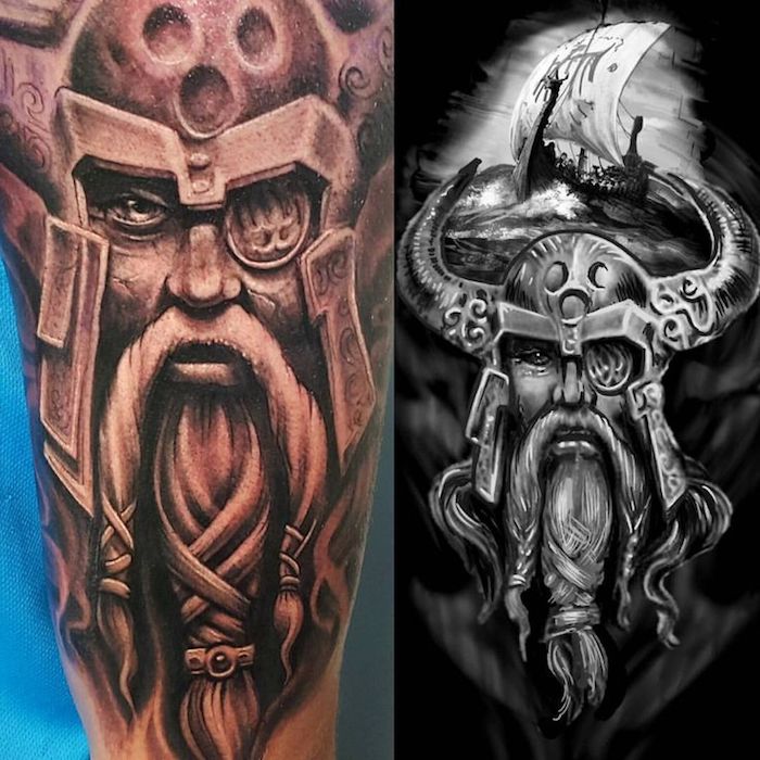crno-bijeli tetovažni predložak, viking, kaciga, duge brade