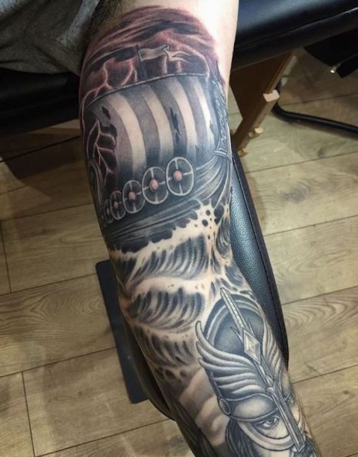 vikings tetovaža, brod, voda, valovi vode, čovjek, viking