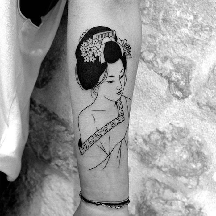 lijepa tetovaža iz Japana s gejša prekrasnom zamršenom frizuru - sve crne tetovaže