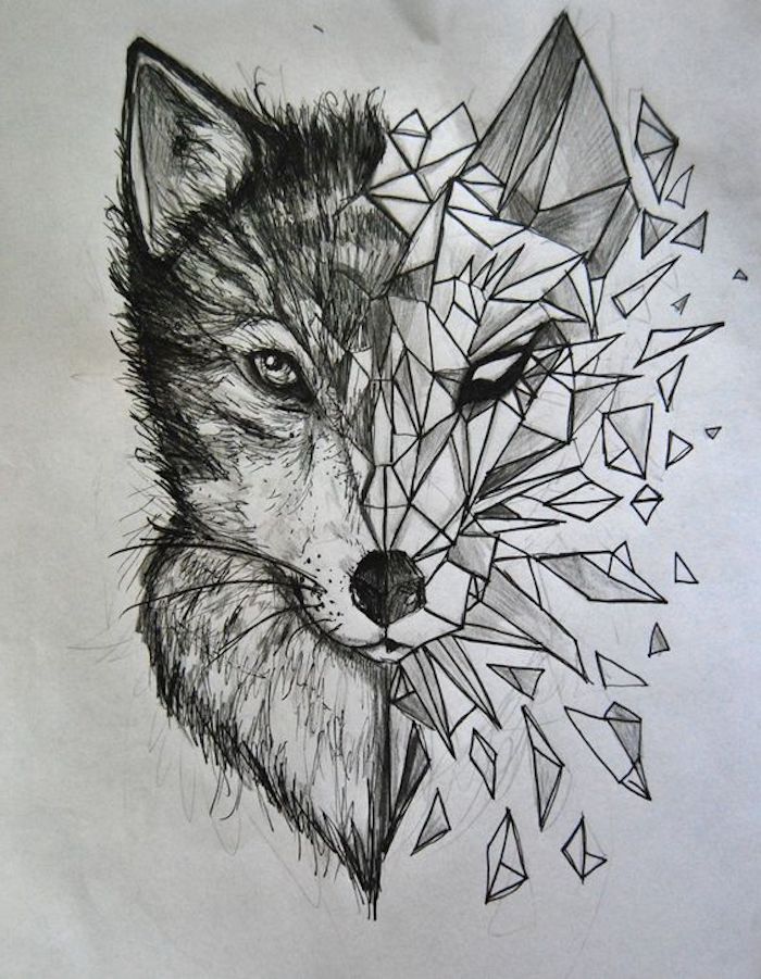 Чертеж с черен молив, вълк, геометрично татуировка на животни
